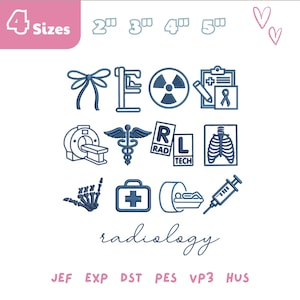 May include: A collection of dark blue machine embroidery designs featuring medical and radiology themes, including a bow, radiation symbol, clipboard, CT scanner, caduceus, rib cage, skeleton hand, medical kit, and syringe. Text includes 4 Sizes, 2, 3, 4, 5 inches, RL RAD TECH, and radiology.