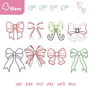 May include: A digital embroidery design set featuring eight distinct bow patterns in various styles, including baseball, candy cane, and holiday themes. The image displays 4 sizes: 4", 5", 7", and 9". File formats listed are JEF, EXP, DST, PES, VP3, and HUS.
