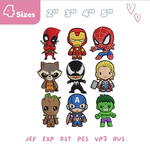 Peut inclure: Neuf écussons de super-héros brodés colorés, dont Deadpool, Iron Man et Spider-Man. Les écussons sont de différentes tailles, de 5 à 13 cm. L'image comprend également le texte "4 Sizes" et des abréviations de types de fichiers.