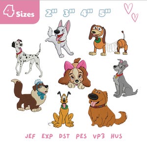 May include: A collection of cartoon dog designs in various sizes. The image features popular dog characters in different poses and colors, including a Dalmatian, a white dog, and a brown dog. The text "4 Sizes" is in the upper left corner.