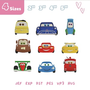Può includere: Una collezione di ricami di auto in vari colori, tra cui giallo, blu, rosso, marrone e verde. L'immagine include il testo "4 Sizes" e formati di file di ricamo.