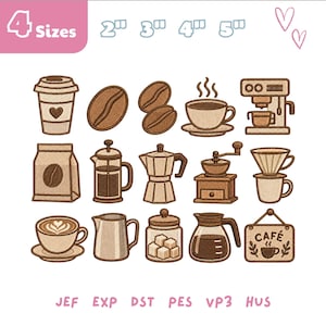 Puede incluir: Una colección de diseños de bordado a máquina en color marrón con artículos relacionados con el café, incluyendo una taza, granos, cafetera espresso, prensa francesa, cafetera moka, molinillo, filtro, jarra, azucarero y un letrero con el texto CAFÉ en 2, 3, 4 y 5 pulgadas.