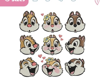 Paquete de diseños de bordado de Chip y Dale, archivo de bordado de pareja, mundo, viaje familiar, doble problema, regalo para niños