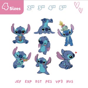 May include: A selection of blue cartoon character designs in different poses. The image includes the text "4 Sizes" and size measurements in inches. The bottom of the image displays embroidery file formats: JEF, EXP, DST, PES, VP3, HUS.