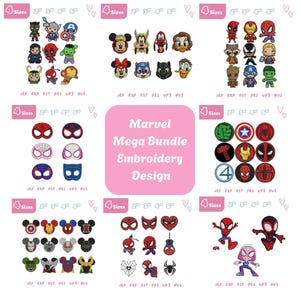 Puede incluir: Una colección de diseños de bordado digital titulada Marvel Mega Bundle Embroidery Design, que presenta varios iconos de personajes, máscaras y símbolos en tamaños de 2", 3", 4" y 5". Los formatos de archivo incluyen JEF, EXP, DST, PES, VP3 y HUS.