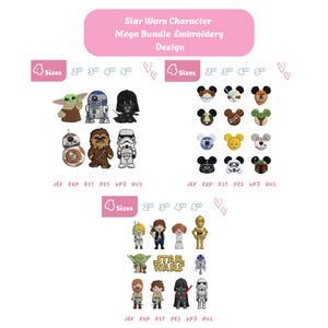 May include: A pink banner displays "Star Wars Character Mega Bundle Embroidery Design." The image showcases various Star Wars character embroidery designs, including Yoda, Darth Vader, and Mickey Mouse-inspired characters. The designs come in 4 sizes.