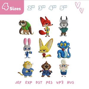 Pode incluir: Bordados de personagens de desenhos animados do filme Zootopia. Os personagens incluem uma preguiça, uma raposa, um lince, um coelho, um feneco, uma cobra, um tigre, um castor e uma ovelha. A imagem também inclui o texto "4 Tamanhos" e os tamanhos 5 cm, 7.6 cm, 10.2 cm e 12.7 cm.