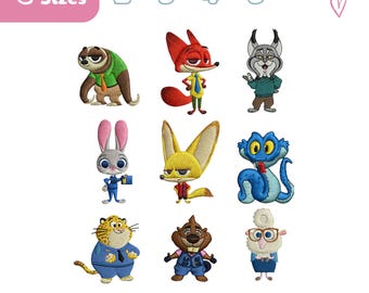 Pacchetto di disegni per ricamo di Zootropolis Disney, file di ricamo dei personaggi di Zootropolis, Judy Hopps, Nick Wilde, Disneyland Family