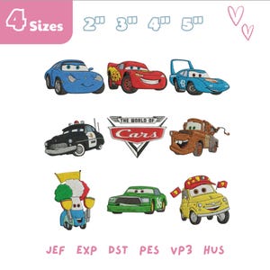 Op de afbeelding: Een borduurontwerpset met personages uit The World of Cars, waaronder Lightning McQueen en Takel. De afbeelding toont 4 maten in inches, 2, 3, 4 en 5, samen met de bestandsformaten JEF, EXP, DST, PES, VP3 en HUS voor borduurmachines.