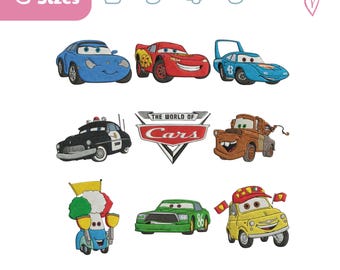 Puede incluir: Un conjunto de diseños de bordado con personajes de The World of Cars, incluyendo a Rayo McQueen y Mate. La imagen muestra 4 tamaños en pulgadas, 2, 3, 4 y 5, junto con los formatos de archivo JEF, EXP, DST, PES, VP3 y HUS para bordar.