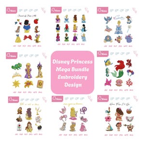 Może przedstawiać: Różowa grafika z napisem "Disney Princess Mega Bundle Embroidery Design" otoczona różnymi haftami księżniczek Disneya i powiązanych postaci. Każdy wzór jest oznaczony rozmiarami.