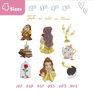 May include: Embroidery designs featuring characters from "Beauty and the Beast." Includes images of Belle, Lumiere, Cogsworth, Mrs. Potts, and the enchanted rose. The text "Tale as old as time" is also present. Available in 4 sizes.