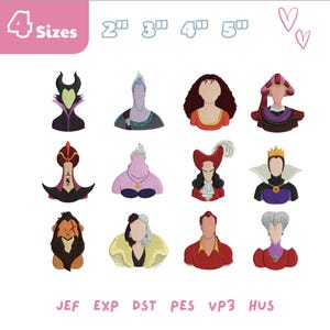 May include: A collection of embroidered character designs, including villains, in various sizes. The designs feature characters with distinct features and colors, such as a purple villain with horns and a red-haired character. The image also includes the text "4 Sizes".
