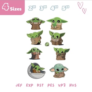 Puede incluir: Un conjunto de diseños de bordado digital con ocho ilustraciones de una criatura verde de orejas grandes con túnicas marrones. El texto incluye 4 Sizes, 2, 3, 4, 5 inches y formatos JEF, EXP, DST, PES, VP3, HUS. Personajes en varias poses.