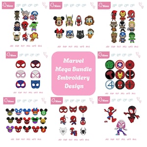May include: A collection of Marvel-themed embroidery designs, including characters like Spider-Man, Captain America, and Mickey Mouse. The designs are in various sizes, with the text "Marvel Mega Bundle Embroidery Design" in the center.