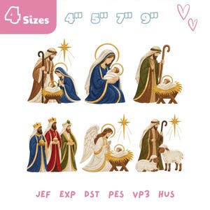 May include: An embroidery design set featuring nativity scenes with figures in robes, including Joseph, Mary, the infant Jesus in a manger, the three wise men, an angel, and sheep. Text includes 4 Sizes, 4, 5, 7, 9 inches, and file formats JEF, EXP, DST, PES, VP3, HUS.