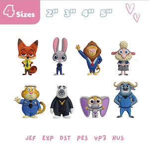 May include: Embroidered patches featuring characters from the animated film Zootopia. The patches include Nick Wilde, Judy Hopps, and other characters. The image also includes the text "4 Sizes" and embroidery file formats.