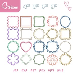 May include: A collection of 20 embroidered frame designs in various shapes and colors, including squares, circles, and hearts. The image includes the text "4 Sizes" and file type abbreviations.