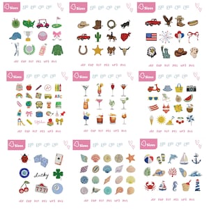 Op de afbeelding: Een verzameling kleurrijke geborduurde patches met diverse ontwerpen. De patches tonen een golfkar, cowboylaarzen, cocktails, een lieveheersbeestje, dobbelstenen, schelpen en strandthema's. Elke patch is gemarkeerd met "4 Maten".