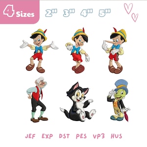 Puede incluir: Una colección de diseños de personajes de dibujos animados, incluyendo a Pinocho, Geppetto, Fígaro y Pepito Grillo. Los diseños están en varias poses y tamaños, con el texto "4 Tamaños" y medidas de 5 a 13 cm. La imagen también incluye abreviaturas de tipos de archivo.