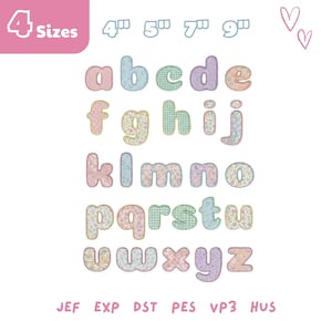 May include: A digital embroidery alphabet set featuring lowercase letters in pastel colors and various patterns like polka dots, gingham, and florals. The text 4 Sizes 4", 5", 7", 9" and file formats JEF, EXP, DST, PES, VP3, HUS are visible.
