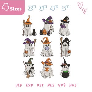 May include: A collection of Halloween-themed ghost designs in various sizes. Each ghost is depicted in a white sheet with different witch hats, holding items like pumpkins, brooms, and books. The image includes the text "4 Sizes" and file type abbreviations.