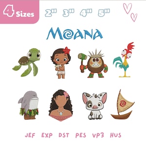 Può includere: Un set di ricami digitali con otto personaggi e icone a tema Moana, tra cui una tartaruga marina, una bambina, una creatura di cocco, un gallo, uno squalo, una donna, un maialino e una barca. Il testo include 4 Sizes, 2", 3", 4", 5" e formati file.