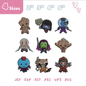May include: A collection of nine embroidered patches featuring characters from the Guardians of the Galaxy. The patches include Groot, Nebula, Gamora, and others. The patches are available in four sizes, ranging from 2 to 5 inches.