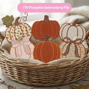 Può includere: Cinque forme di zucca ricamate in un cesto di vimini. Le zucche presentano vari motivi, tra cui foglie autunnali, arancione a tinta unita, pois, quadretti vichy e pied-de-poule. Alcune sono decorate con fiocchi ricamati e una foglia verde.