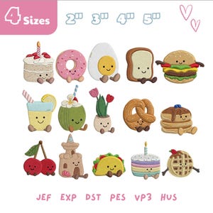 Puede incluir: Una colección de diseños de comida y objetos de estilo caricatura, que incluyen un pastel, una rosquilla, un huevo, una tostada, una hamburguesa, una bebida, un coco, flores, un pretzel, panqueques, cerezas, un castillo, un taco, un pastel y un gofre. El texto "4 Sizes" está incluido.