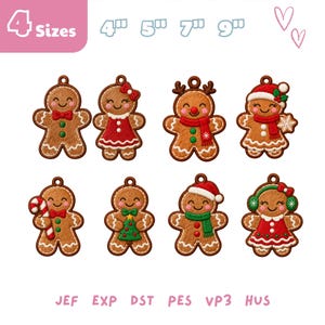Puede incluir: Ocho diseños de bordado de hombre de jengibre con accesorios festivos como bastones de caramelo, bufandas, gorros y vestidos. El texto indica 4 tamaños: 4", 5", 7", 9" y enumera los formatos JEF, EXP, DST, PES, VP3, HUS para máquinas de bordar.