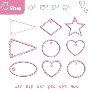 Op de afbeelding: Roze borduurontwerpen in verschillende vormen, waaronder een driehoek, ruit, ster, cirkel, ovaal en harten. De afbeelding bevat de tekst "4 Sizes" en afmetingen in inches. De onderkant van de afbeelding toont borduur bestandsformaten.