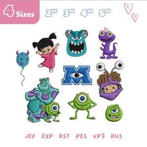 May include: A collection of embroidered patches featuring characters from the animated film "Monsters, Inc." Includes Boo, Sully, Mike Wazowski, and other monsters in various poses. The patches are in vibrant colors with the text "4 Sizes" and file type abbreviations.