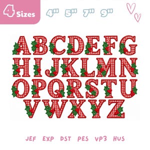 Puede incluir: Un conjunto de alfabeto de bordado digital con letras de la A a la Z en un patrón de cuadros vichy rojo y blanco, cada una decorada con hojas de acebo verdes y bayas rojas. El texto 4 Sizes 4" 5" 7" 9" y los formatos JEF EXP DST PES VP3 HUS son visibles.