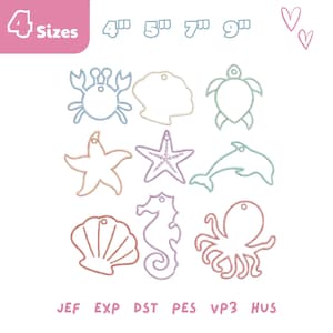 May include: A digital embroidery design set featuring nine sea creature and shell outlines including a crab, turtle, starfish, dolphin, seahorse, and octopus. Text indicates 4 sizes of 4, 5, 7, and 9 inches, with file formats JEF, EXP, DST, PES, VP3, and HUS.