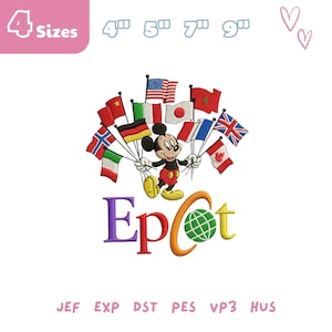 Mickey EPCOT Embroidery Design, Mickey Flags of Nations Embroidery File, Disney EPCOT World Tour, Family Trip, Vintage Disney