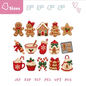 May include: A collection of Christmas-themed embroidery designs featuring gingerbread people, a house, a tree, a star, a rolling pin, a mixing bowl, a mitten, a jar, a baking sheet, a mug, a cupcake, candy canes, cookies, and an apron. Text includes 4 Sizes 2" 3" 4" 5" and JEF EXP DST PES VP3 HUS.
