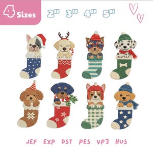 May include: Eight embroidered dog designs in Christmas stockings, including a Frenchie, Labrador, Yorkie, and Dalmatian. Text includes 4 Sizes, 2", 3", 4", 5", and file formats JEF, EXP, DST, PES, VP3, HUS. Each dog wears festive winter accessories.