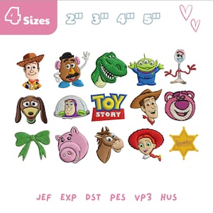 May include: Embroidered patches featuring characters from the Toy Story movie, including Woody, Buzz Lightyear, and Rex. The patches are in various sizes, with the text "4 Sizes" at the top left. The word "Howdy" is on a yellow star-shaped patch.