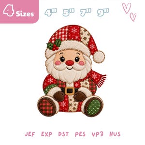 May include: An embroidered Santa Claus appliqué design featuring a patchwork-style suit in red, green, and white with snowflake patterns. The text 4 Sizes 4", 5", 7", 9" appears at the top, and file formats JEF, EXP, DST, PES, VP3, HUS are listed below.