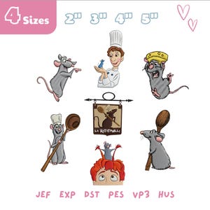 May include: Embroidered designs featuring characters from the movie Ratatouille. The image includes Remy the rat, a chef, and a sign that says "La Ratatouille". The designs are available in 4 sizes.