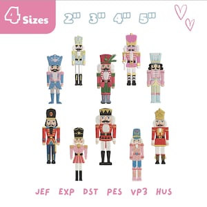 Puede incluir: Una colección de diez diseños de cascanueces bordados en varios colores, incluyendo rojo, azul, rosa y verde. El texto 4 Sizes 2" 3" 4" 5" aparece en la parte superior, y los formatos JEF, EXP, DST, PES, VP3, HUS están listados abajo.