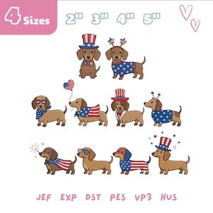 Könnte beinhalten: Illustrationen von Dackel-Hunden in patriotischer Kleidung, darunter Hüte, Bandanas und Pullover mit Sternen. Das Bild enthält den Text "4 Sizes" und Dateityp-Abkürzungen.