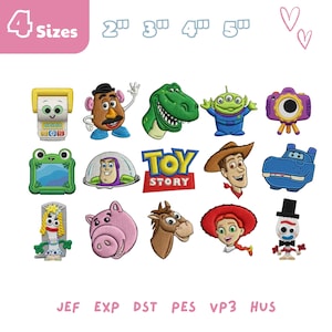 May include: A collection of fifteen embroidered patches featuring characters and logos from Toy Story, including Mr. Potato Head, Rex, an alien, a camera, a green frog, Buzz Lightyear, the Toy Story logo, Woody, a blue hippo, Forky, Hamm, Bullseye, Jessie, and Forky. The text 4 Sizes 2" 3" 4" 5" and file formats JEF, EXP, DST, PES, VP3, HUS are visible.