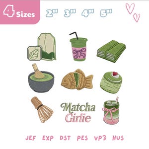 Può includere: Una collezione di nove disegni per ricamo a macchina a tema matcha, tra cui una bustina di tè, una bevanda ghiacciata, una torta, una frusta, un dolce a forma di pesce e un dessert. Il testo recita Matcha Girlie. Disponibile in 2, 3, 4 e 5 pollici.