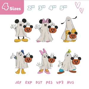 Puede incluir: Varios personajes de dibujos animados disfrazados de fantasmas, cada uno con una linterna de calabaza. Se muestran Mickey, Minnie, Goofy, Donald, Daisy y Pluto. La imagen incluye el texto "4 Sizes" y formatos de archivos de bordado.