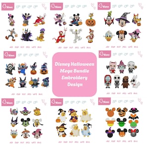 Puede incluir: Colección de diseños de bordado de Halloween de Disney con varios personajes con disfraces espeluznantes. Los diseños incluyen a Mickey Mouse, Minnie Mouse, Donald Duck, Stitch y Winnie the Pooh, entre otros. También está presente el texto "Disney Halloween Mega Bundle Embroidery Design".