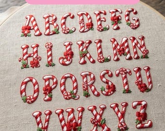 May include: An embroidery design featuring the full alphabet from A to Z, with each letter styled as a red and white candy cane. The letters are decorated with small red bows, green holly leaves, and peppermint candies on a light beige fabric.