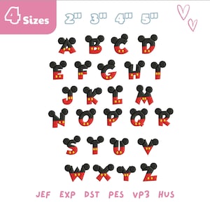 May include: A collection of embroidered letters in a Mickey Mouse-inspired design. Each letter is black, red, and yellow, with a Mickey Mouse head silhouette. The image includes the text "4 Sizes" and various file format abbreviations.