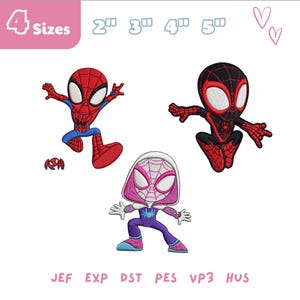 May include: Embroidered patches featuring Spider-Man characters in various poses. The patches include Spider-Man, Miles Morales, and Spider-Gwen. The patches are available in 4 sizes, ranging from 5.08 cm to 12.7 cm. The image also includes the file types JEF, EXP, DST, PES, VP3, and HUS.